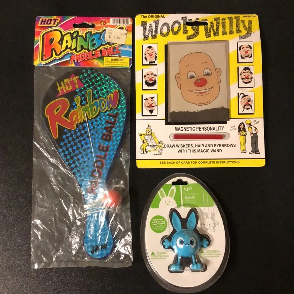 3 Toys Wall Walking Rabbit Wooly Willy Magnetic Drawing Toy Rainbow Paddle Ball